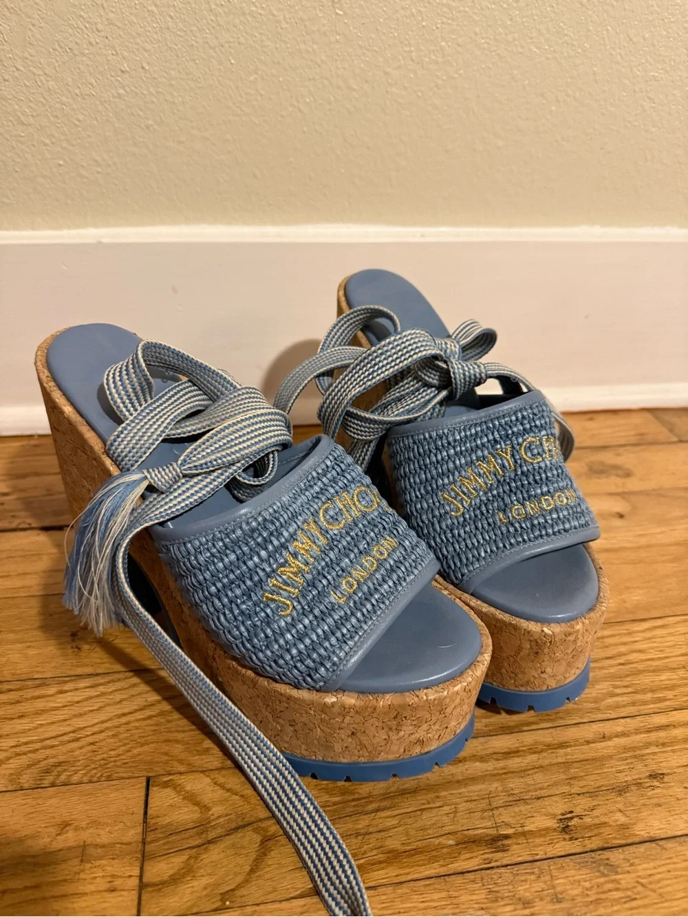 Jimmy Choo Gal Wedge 130 Raffia- Powder Blue Woven Cork Lace-Up Platform Sandals